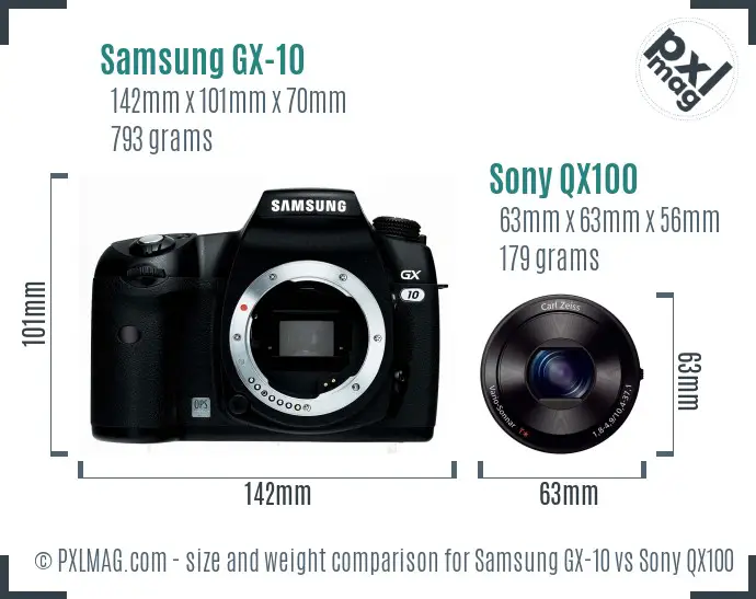 Samsung GX-10 vs Sony QX100 size comparison