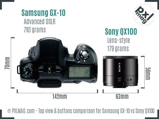 Samsung GX-10 vs Sony QX100 top view buttons comparison