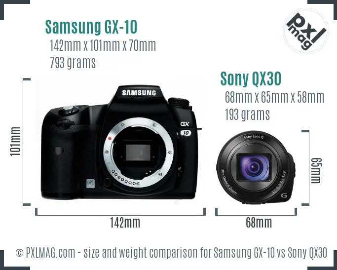 Samsung GX-10 vs Sony QX30 size comparison