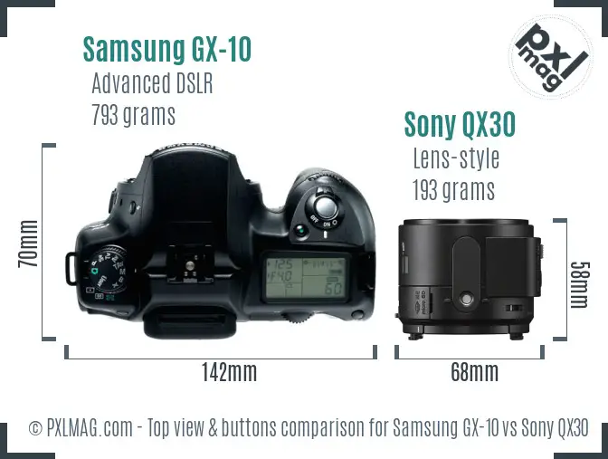 Samsung GX-10 vs Sony QX30 top view buttons comparison