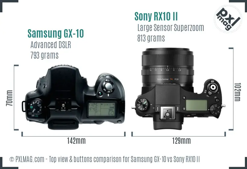 Samsung GX-10 vs Sony RX10 II top view buttons comparison