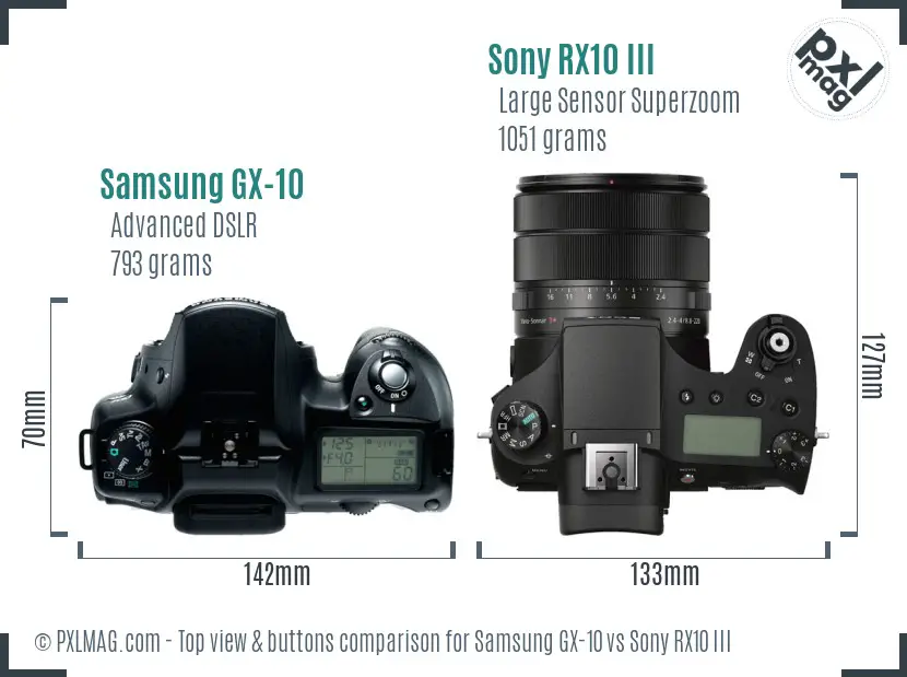 Samsung GX-10 vs Sony RX10 III top view buttons comparison