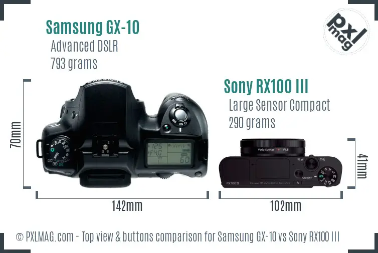 Samsung GX-10 vs Sony RX100 III top view buttons comparison