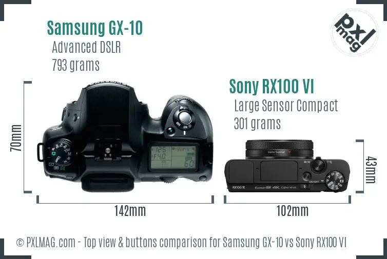 Samsung GX-10 vs Sony RX100 VI top view buttons comparison