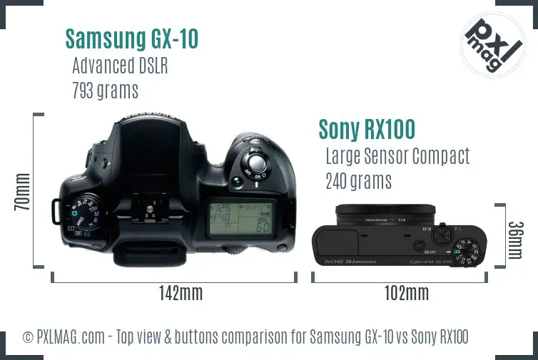 Samsung GX-10 vs Sony RX100 top view buttons comparison