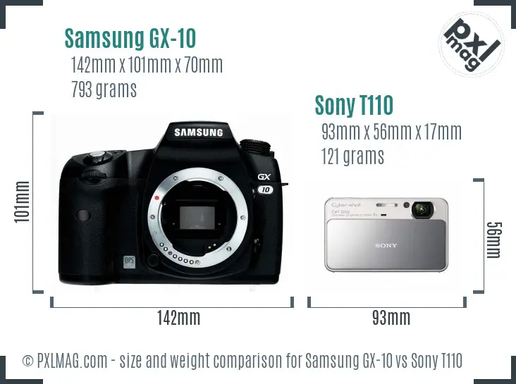 Samsung GX-10 vs Sony T110 size comparison
