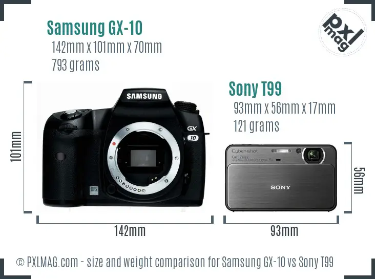 Samsung GX-10 vs Sony T99 size comparison