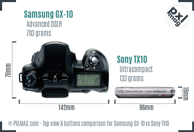 Samsung GX-10 vs Sony TX10 top view buttons comparison