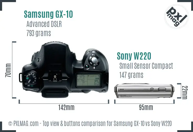 Samsung GX-10 vs Sony W220 top view buttons comparison
