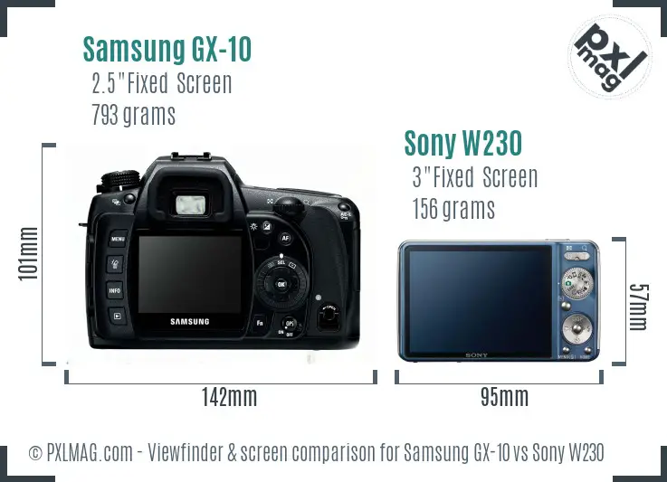 Samsung GX-10 vs Sony W230 Screen and Viewfinder comparison