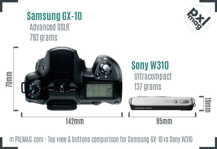Samsung GX-10 vs Sony W310 top view buttons comparison