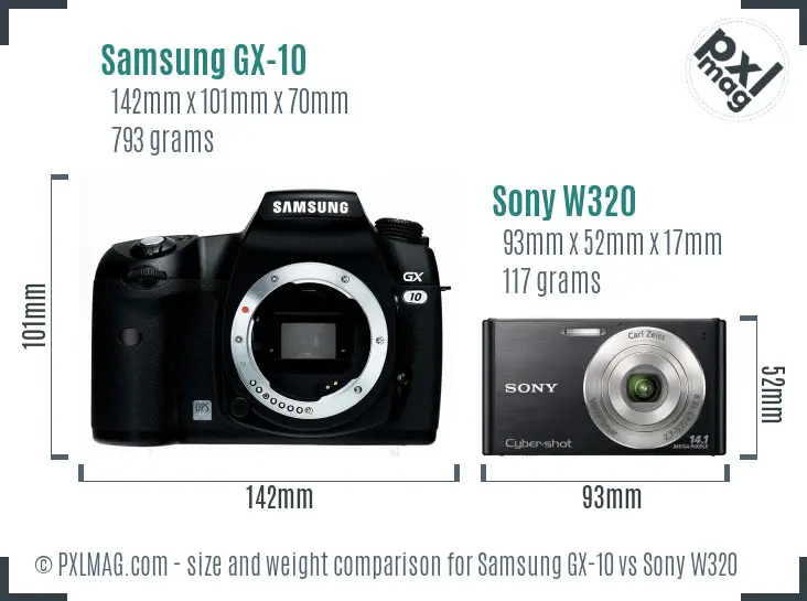 Samsung GX-10 vs Sony W320 size comparison