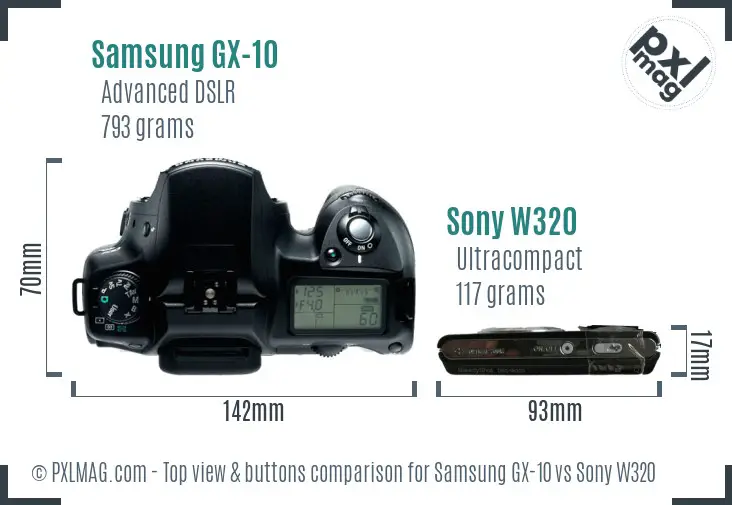 Samsung GX-10 vs Sony W320 top view buttons comparison