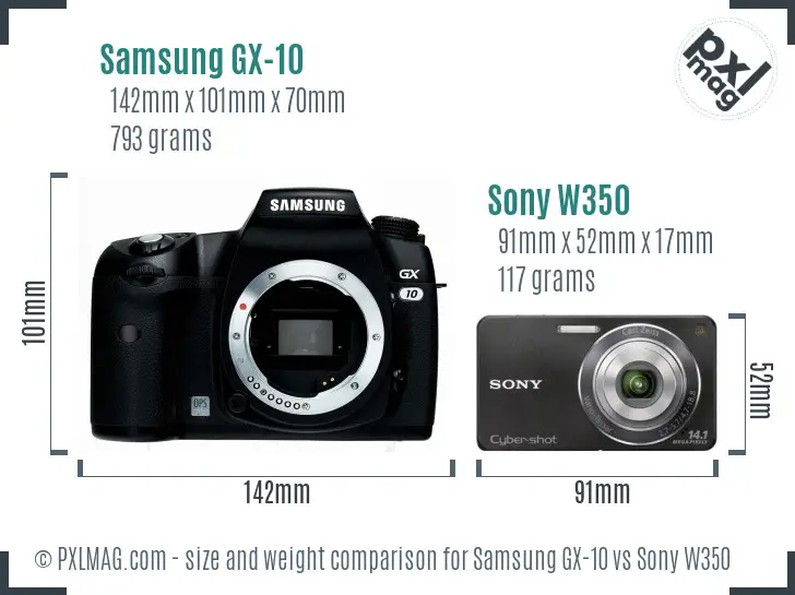 Samsung GX-10 vs Sony W350 size comparison