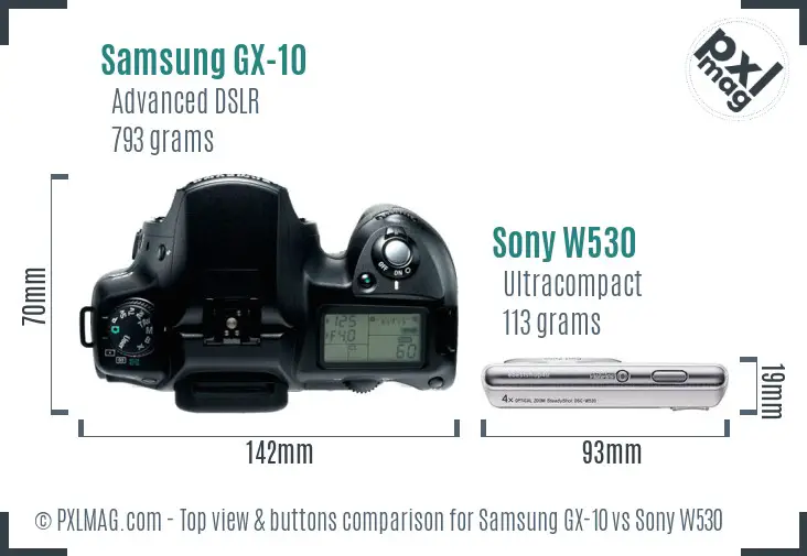 Samsung GX-10 vs Sony W530 top view buttons comparison