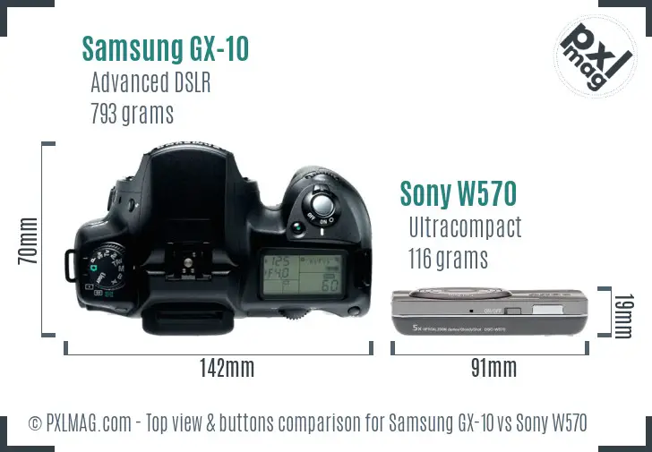 Samsung GX-10 vs Sony W570 top view buttons comparison