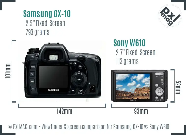 Samsung GX-10 vs Sony W610 Screen and Viewfinder comparison