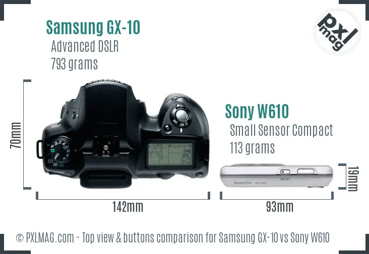 Samsung GX-10 vs Sony W610 top view buttons comparison