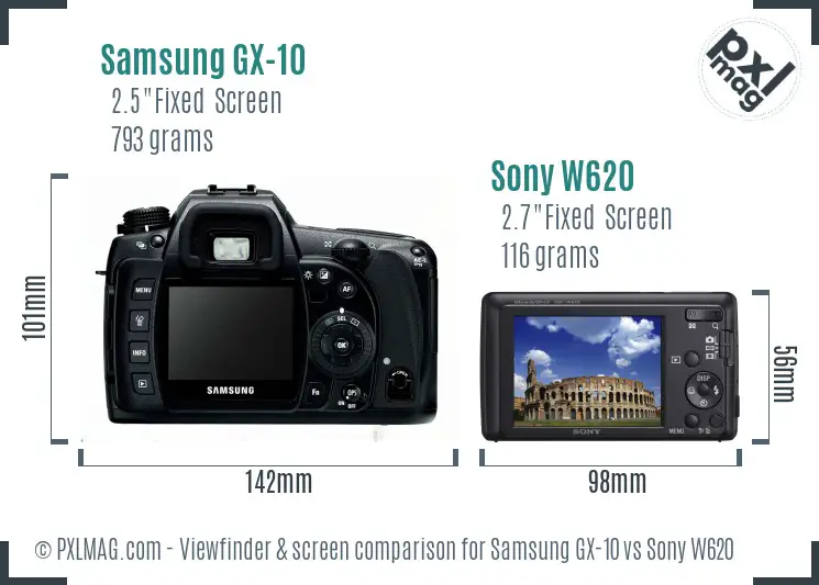 Samsung GX-10 vs Sony W620 Screen and Viewfinder comparison