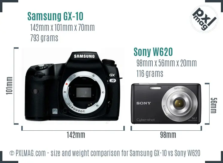 Samsung GX-10 vs Sony W620 size comparison