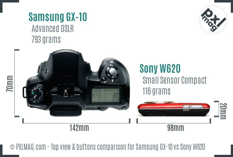 Samsung GX-10 vs Sony W620 top view buttons comparison