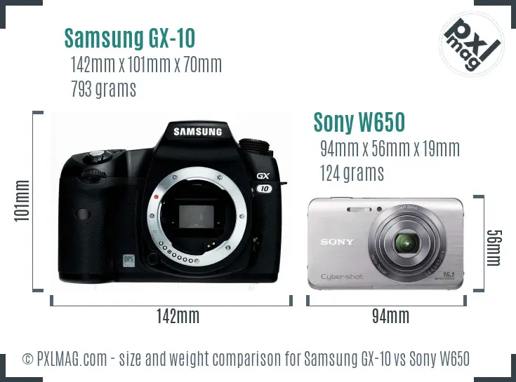 Samsung GX-10 vs Sony W650 size comparison