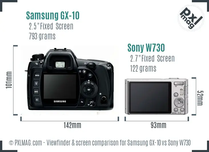 Samsung GX-10 vs Sony W730 Screen and Viewfinder comparison