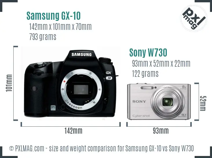 Samsung GX-10 vs Sony W730 size comparison