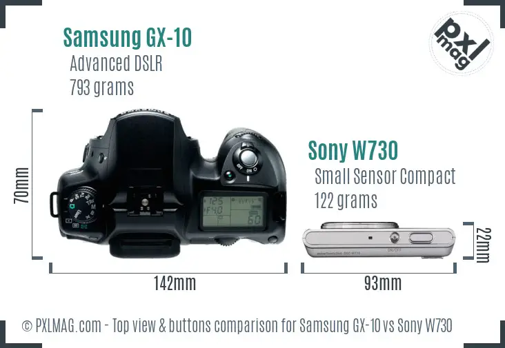 Samsung GX-10 vs Sony W730 top view buttons comparison