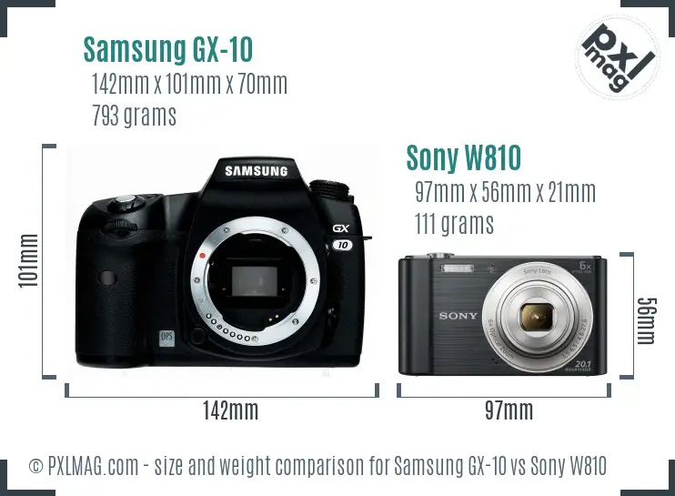 Samsung GX-10 vs Sony W810 size comparison