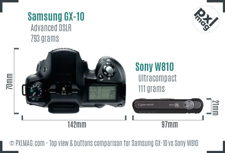 Samsung GX-10 vs Sony W810 top view buttons comparison