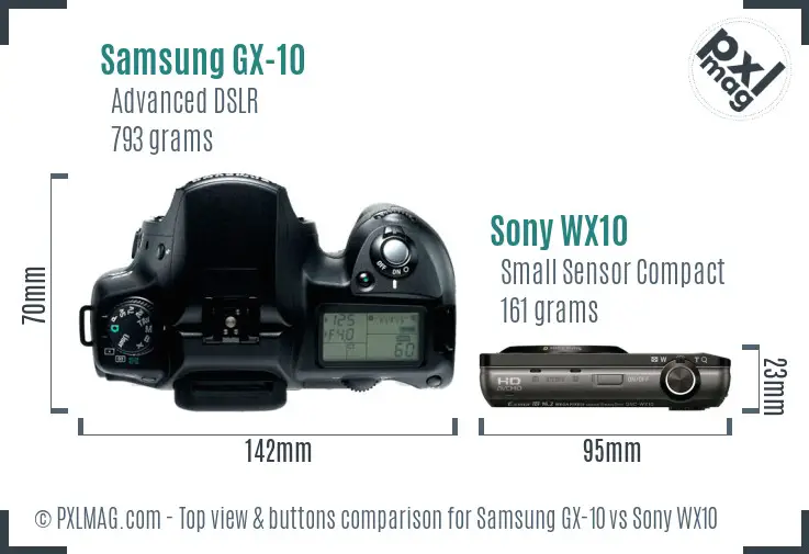 Samsung GX-10 vs Sony WX10 top view buttons comparison