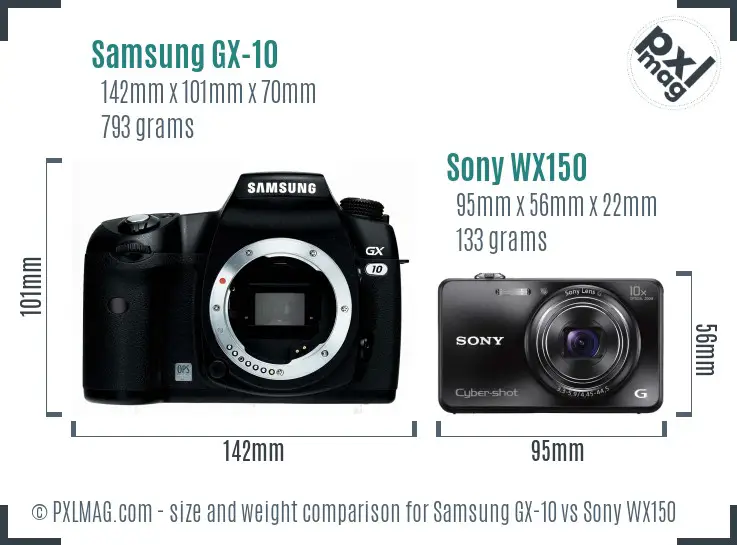 Samsung GX-10 vs Sony WX150 size comparison