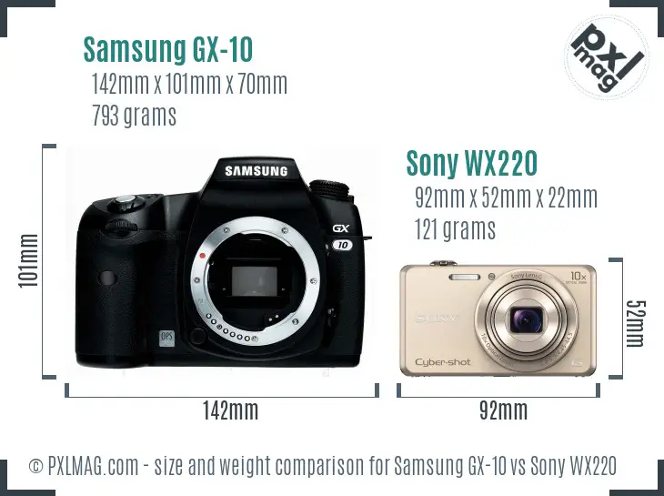 Samsung GX-10 vs Sony WX220 size comparison