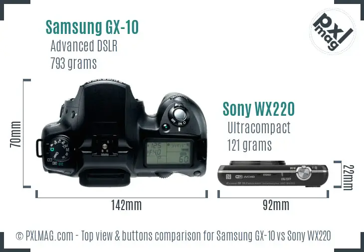 Samsung GX-10 vs Sony WX220 top view buttons comparison