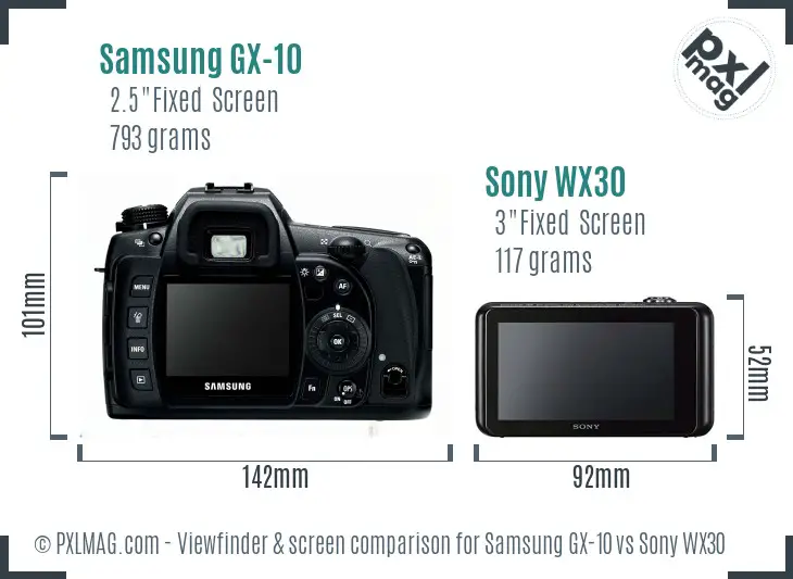 Samsung GX-10 vs Sony WX30 Screen and Viewfinder comparison