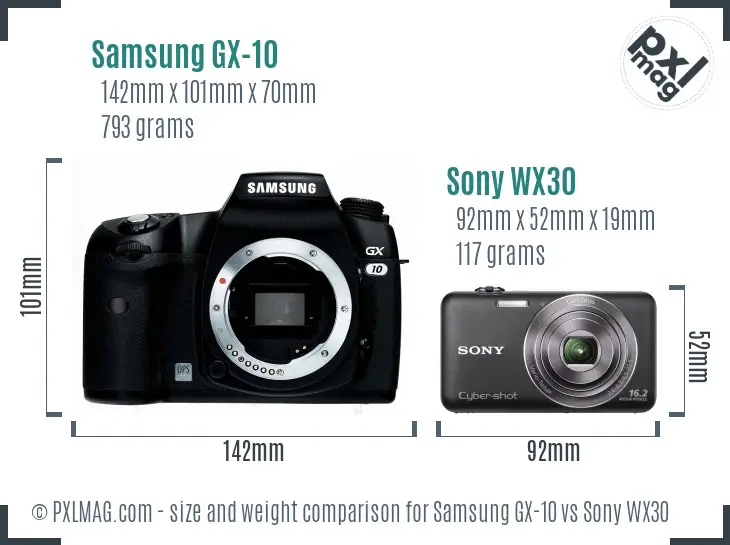 Samsung GX-10 vs Sony WX30 size comparison