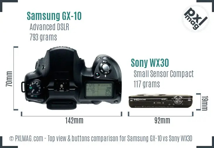 Samsung GX-10 vs Sony WX30 top view buttons comparison