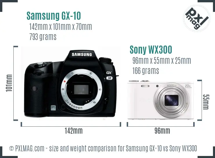 Samsung GX-10 vs Sony WX300 size comparison