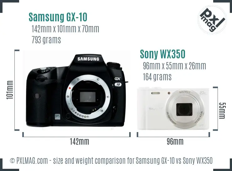 Samsung GX-10 vs Sony WX350 size comparison