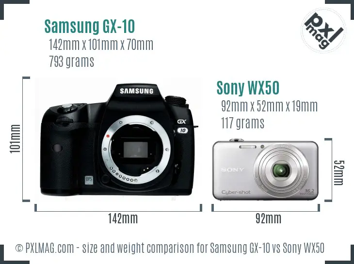 Samsung GX-10 vs Sony WX50 size comparison
