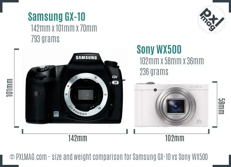 Samsung GX-10 vs Sony WX500 size comparison