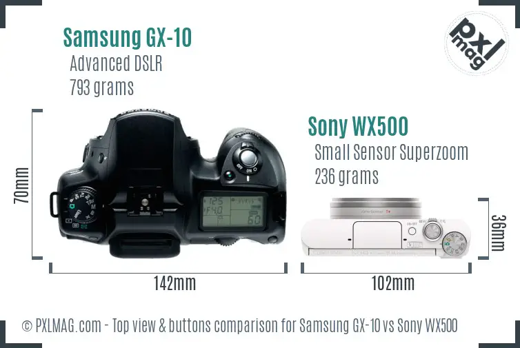 Samsung GX-10 vs Sony WX500 top view buttons comparison