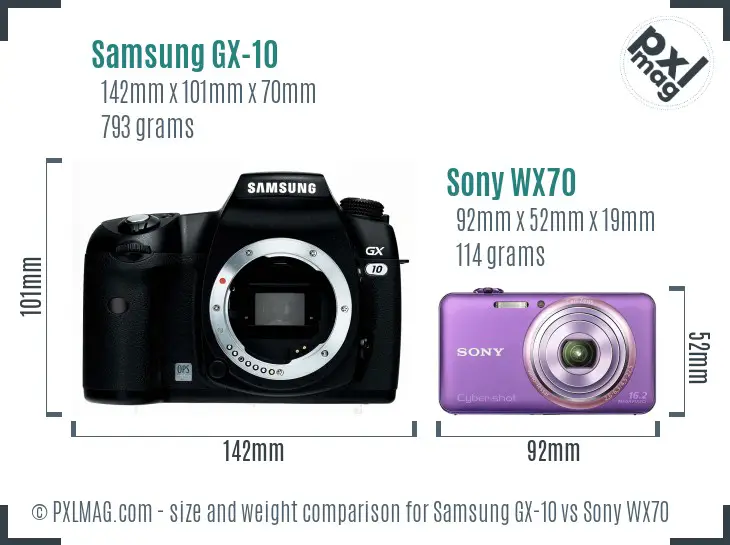 Samsung GX-10 vs Sony WX70 size comparison