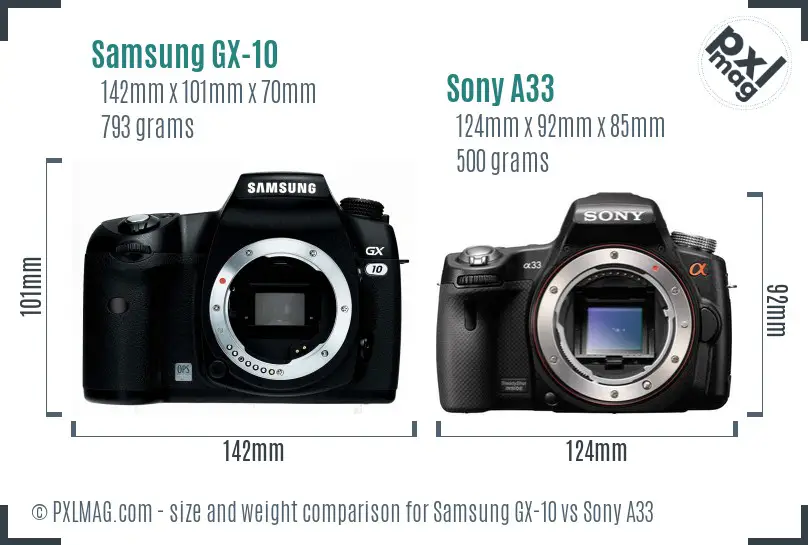 Samsung GX-10 vs Sony A33 size comparison