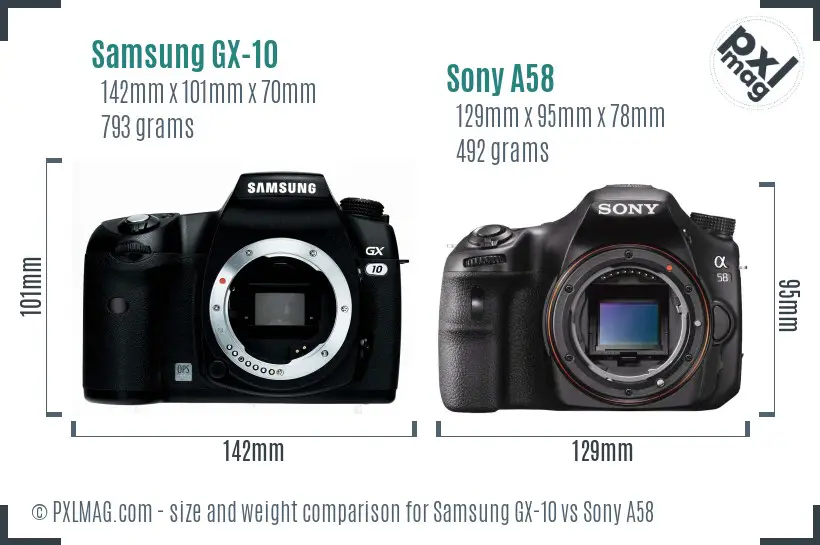 Samsung GX-10 vs Sony A58 size comparison