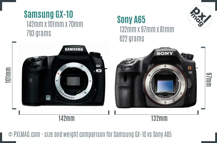 Samsung GX-10 vs Sony A65 size comparison