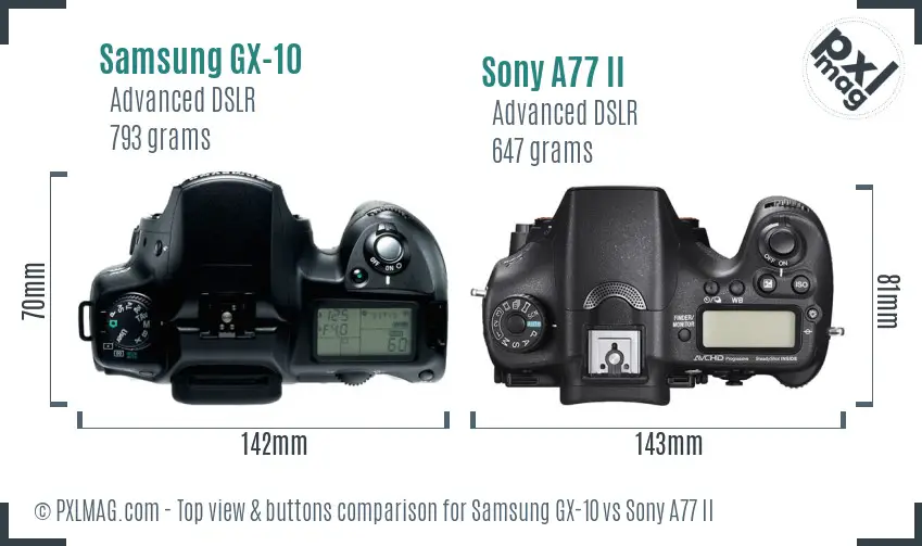 Samsung GX-10 vs Sony A77 II top view buttons comparison