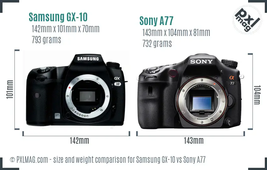 Samsung GX-10 vs Sony A77 size comparison