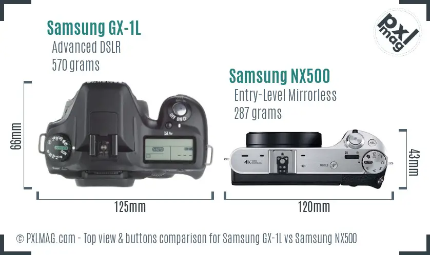 Samsung GX-1L vs Samsung NX500 top view buttons comparison
